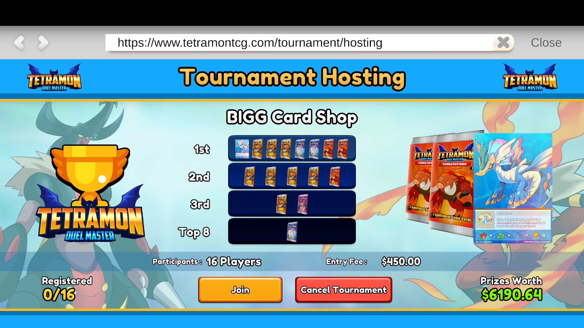 Tournament hosting screen on tetramontcg.com with the setup form open
